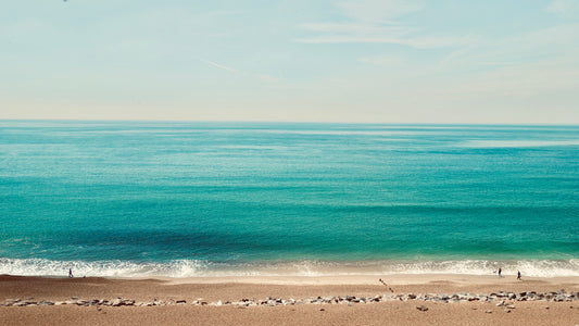 A photographic view of Barton Beach from atop the cliffs. A calm sea and lightly clouded sky with dog walkers enjoying the beach. 